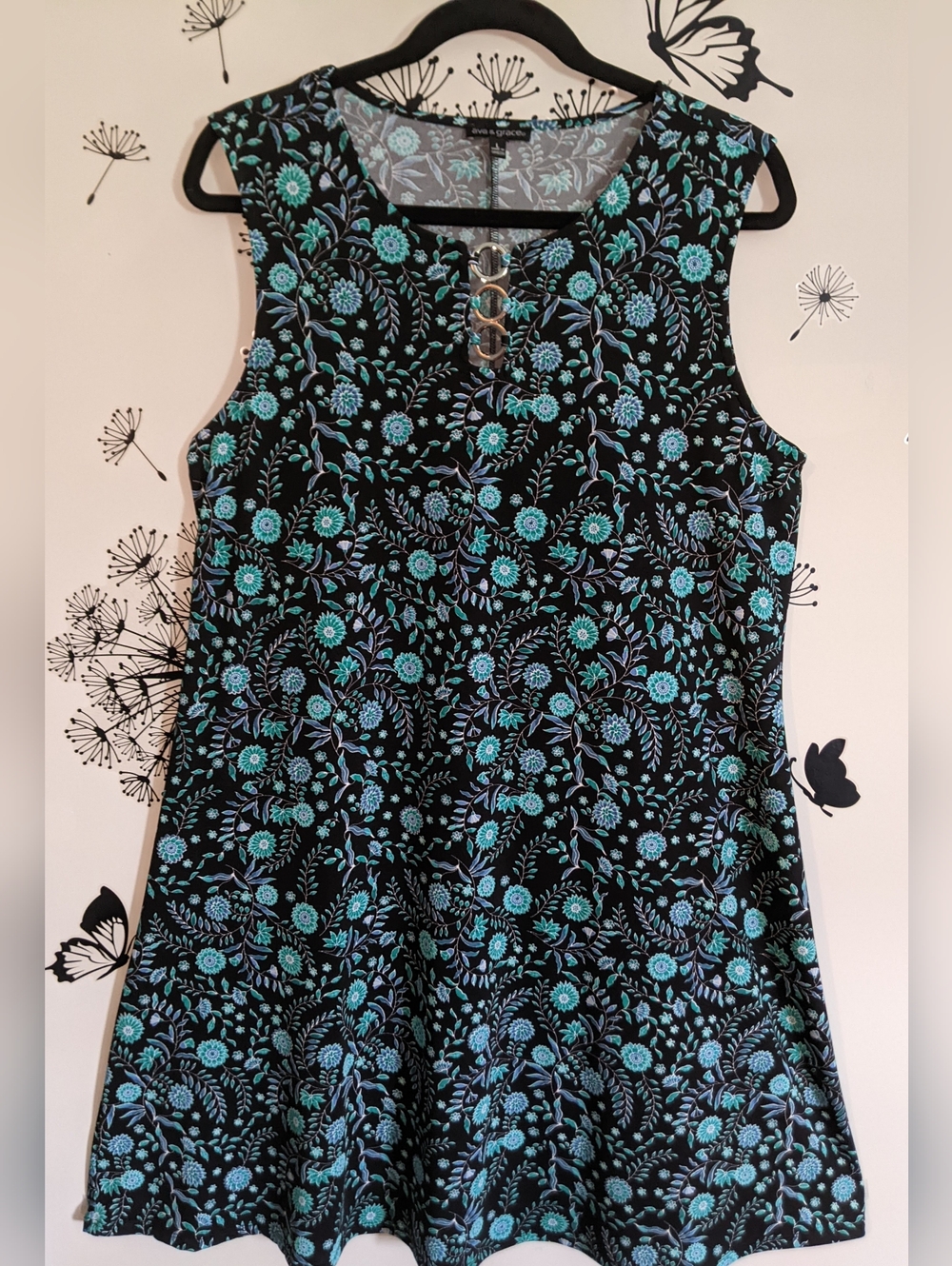 Sleeveless Black Dress with Teal Floral Print